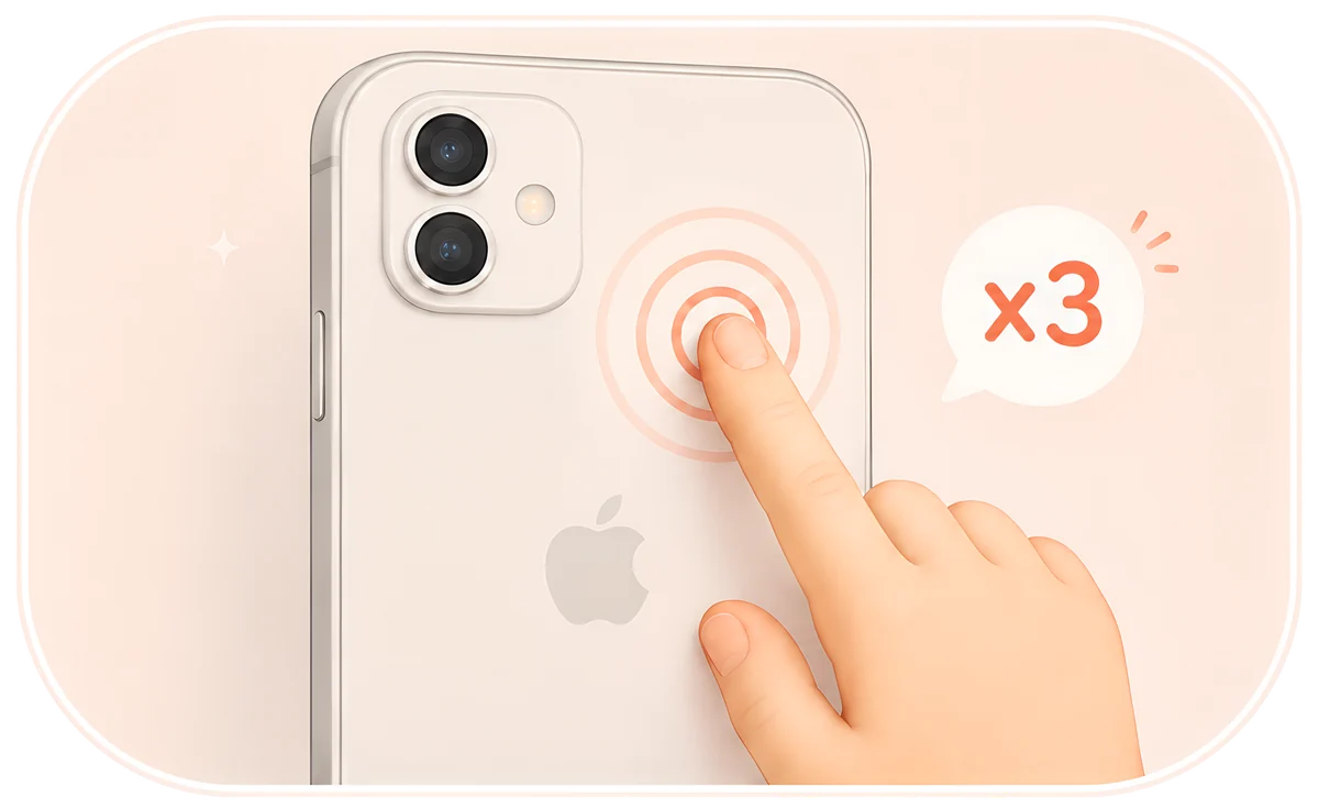 Un doigt touche trois fois le dos d'un iPhone